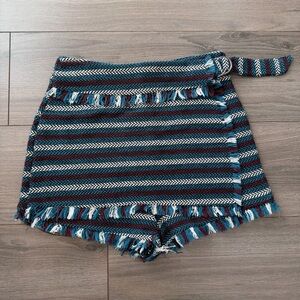 Striped Fringe High-Waist Women’s Shorts -skort  Teal & Burgundy tweed